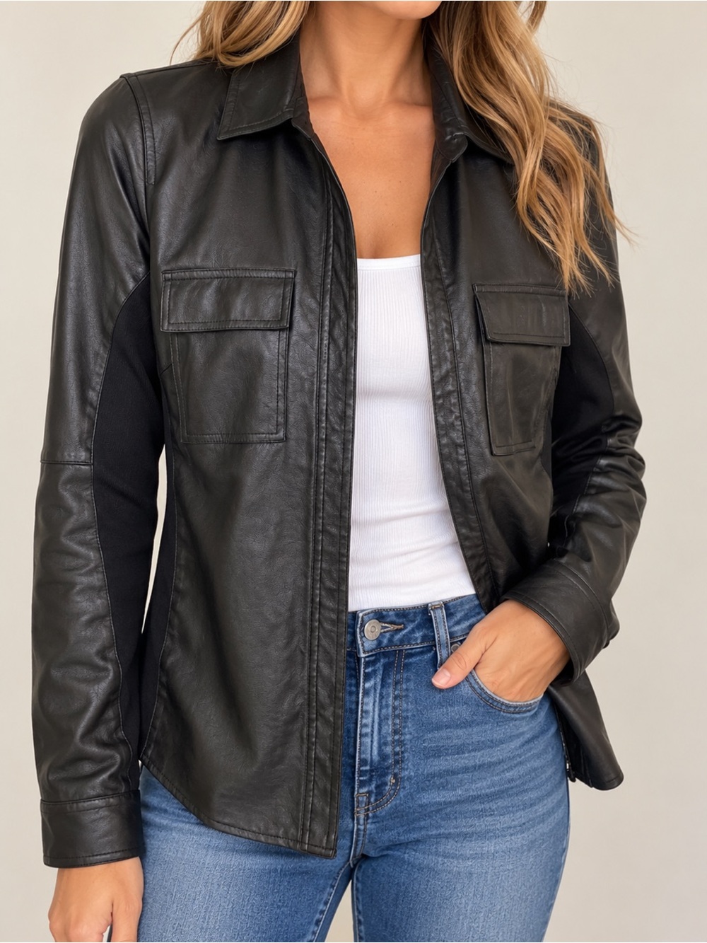 BSBG LEATHER-Look Black Shirt Jacket - XS LIKE NEW
